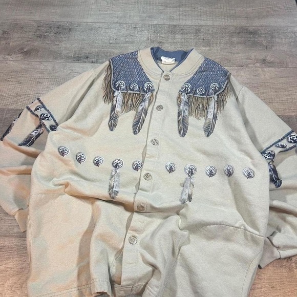 Art Unlimited Sweaters - Vintage 90s tribal tan and blue western button up women's cardigan sweatshirt